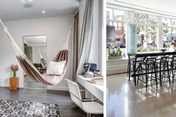 Split screen: Room with hammock, desk and chair, and dressers. Other screen has long table and high chairs with windows out to the street.