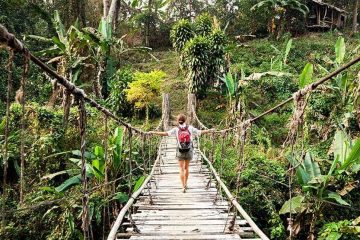 A woman walking on a wooden suspension bridge through the jungle.