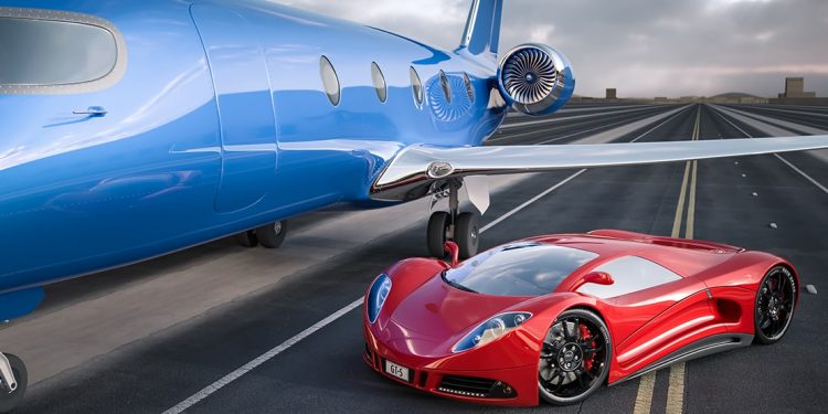 A red Porsche parked beside a blue jet on a runway.