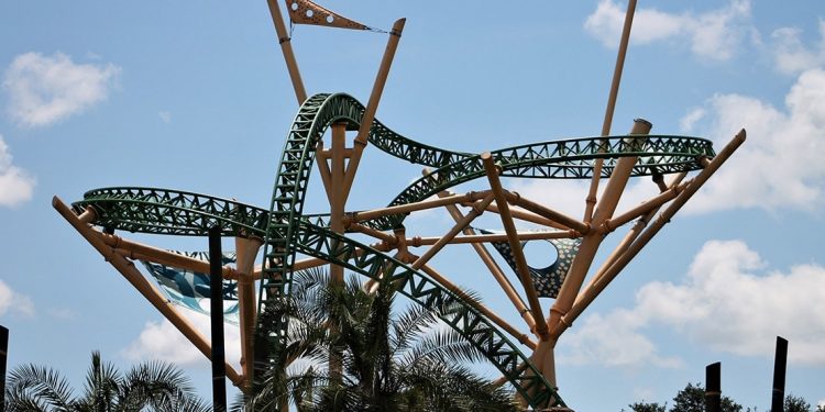A roller coaster at Busch Gardens, the track twisting around itself.