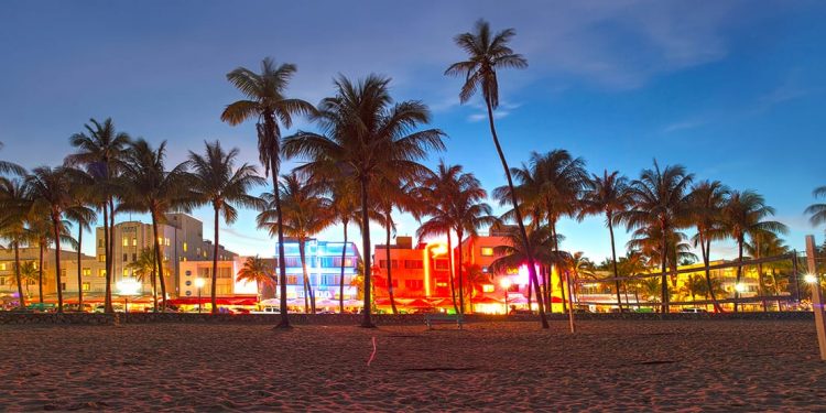 A beach in the foreground with palm trees in the middle ground and buildings in the background lit up with colored lights.