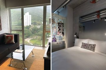 A split screen featuring the sitting room and bedroom in Ovolo Central, both which have a hip industrial look.