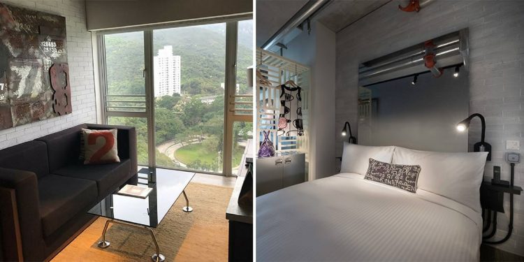 A split screen featuring the sitting room and bedroom in Ovolo Central, both which have a hip industrial look.