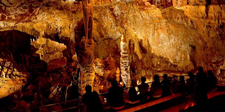 People sitting in front of lit up cave walls