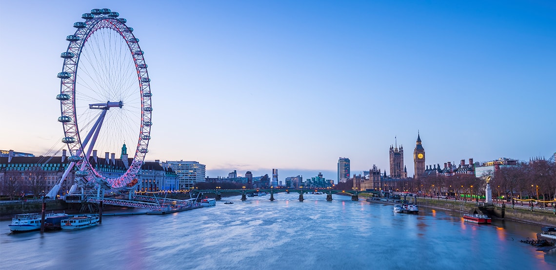 A river with giant Ferris wheel on one side, with bridge crossing over, and Big Ben visible in the distance.