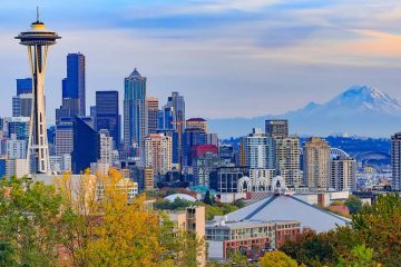 Seattle cityscape with mountain in background.