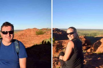 Splitscreen: man (left) and woman (right) sitting on edge of cliff with red rocks in background.