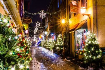 A view of the Petit Champlain street in downtown Quebec City during a near-Christmas night