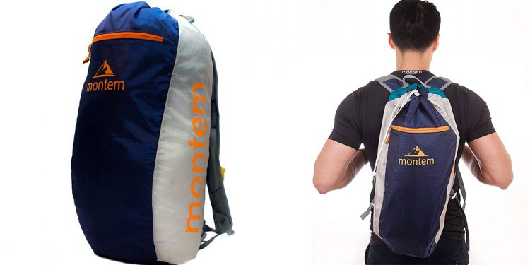 Backpack on left and man wearing backpack on right.