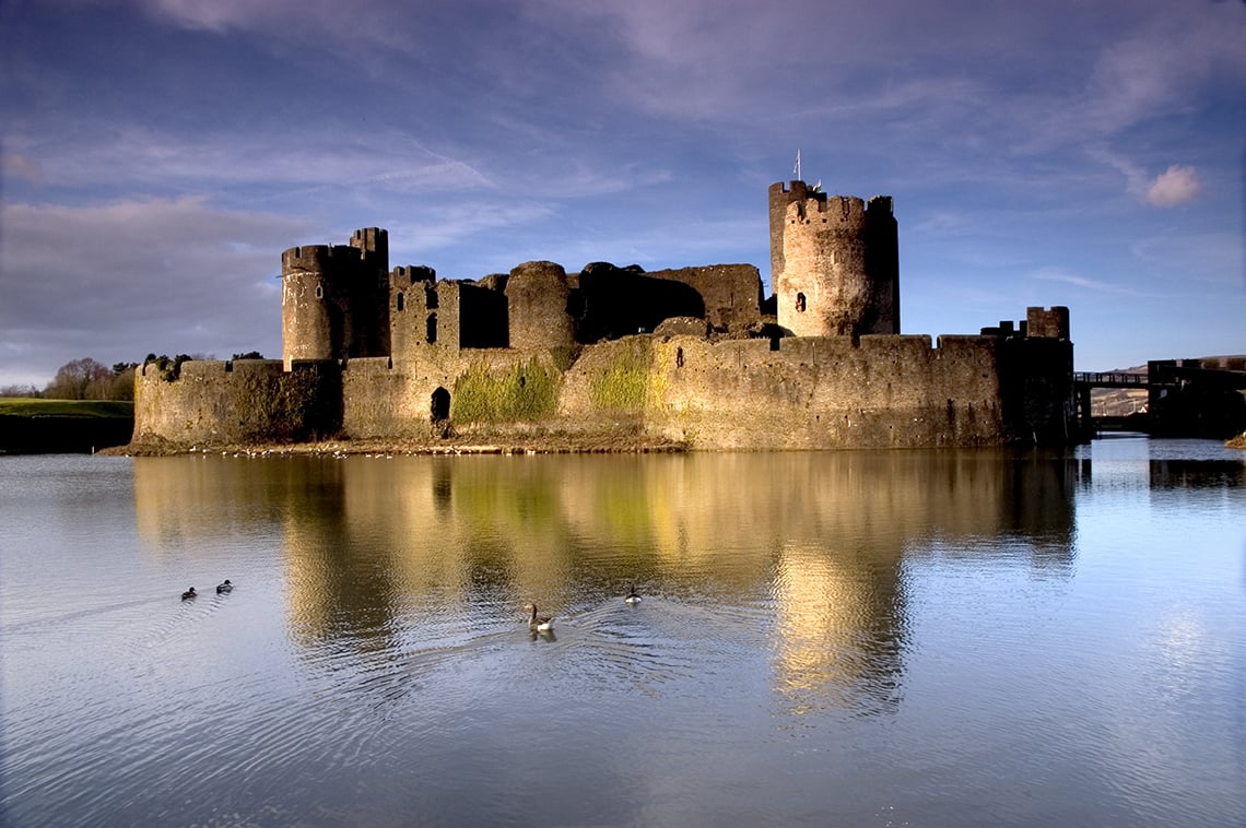 Castle with water in foreground and ducks.