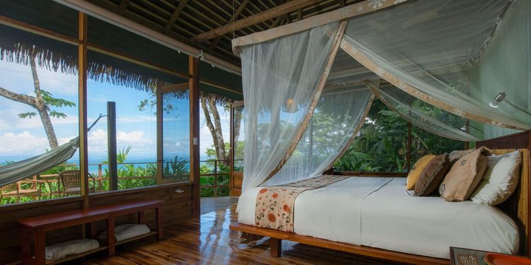 Inside a screened room with a canopy bed and hammock outside.