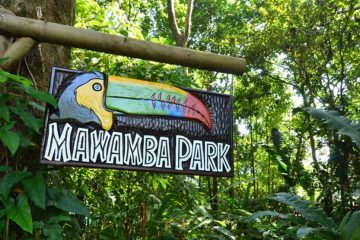 Sign with Toucan reading "Mawamba Park" in the jungle.