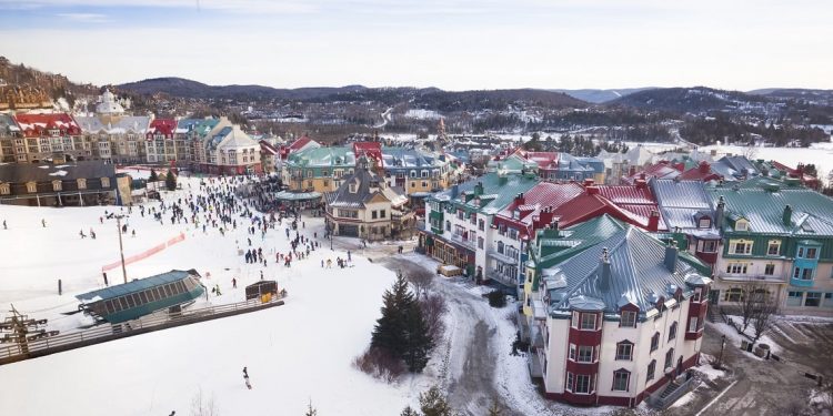 Aerial view of winter resort at Mont Tremblant, Quebec, Canada