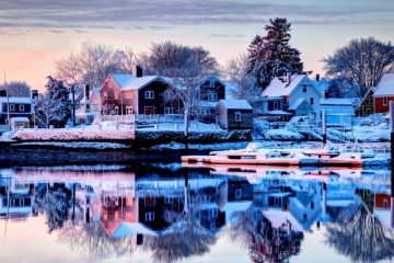 Snowy view of New England town