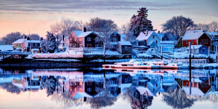 Snowy view of New England town