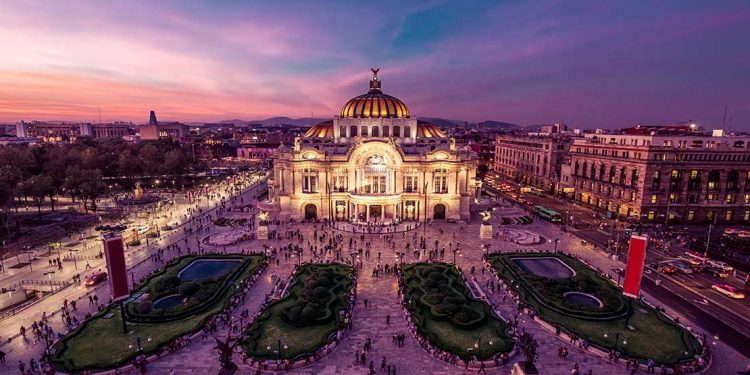 Main plaza in Mexico City at sunset