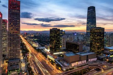 Cityscape of Beijing at dusk.