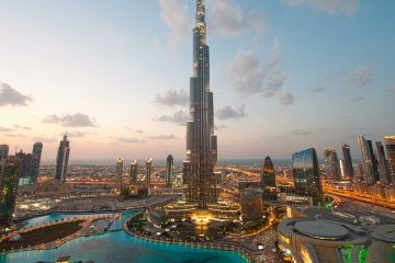 Cityscape of Dubai with Burj Khalifa front and center.