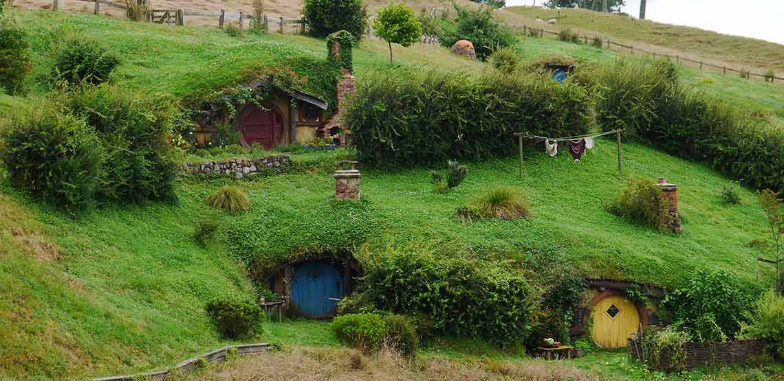 Hobbit holes set in hillside