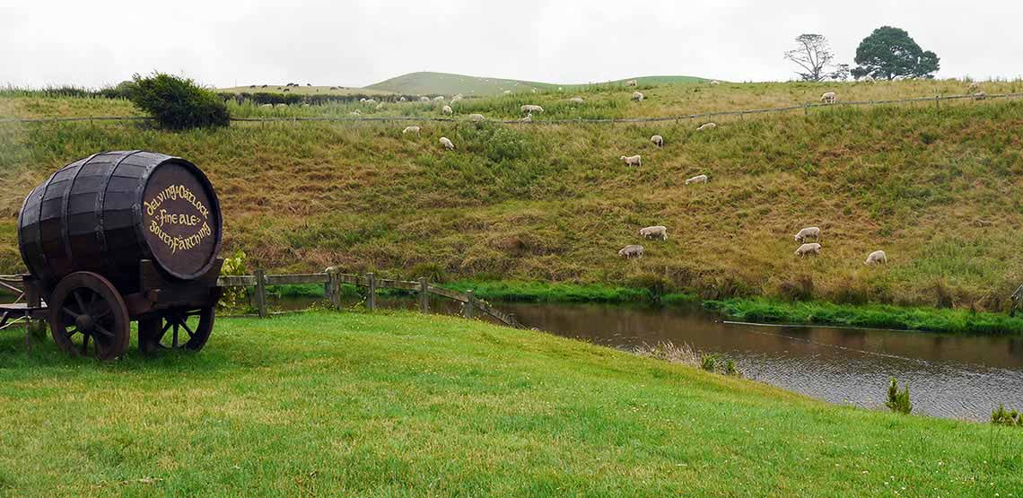 Sheep on hillside by river