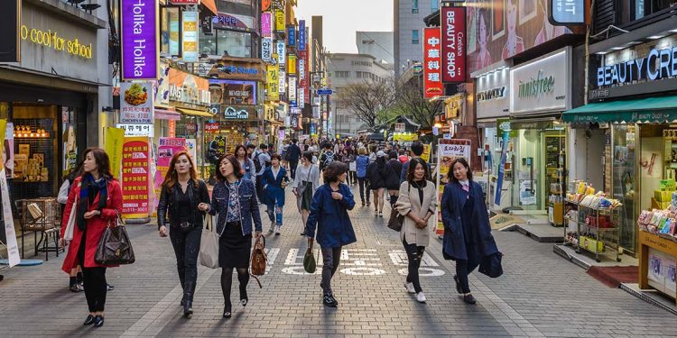 Busy street in Myeong-dong district