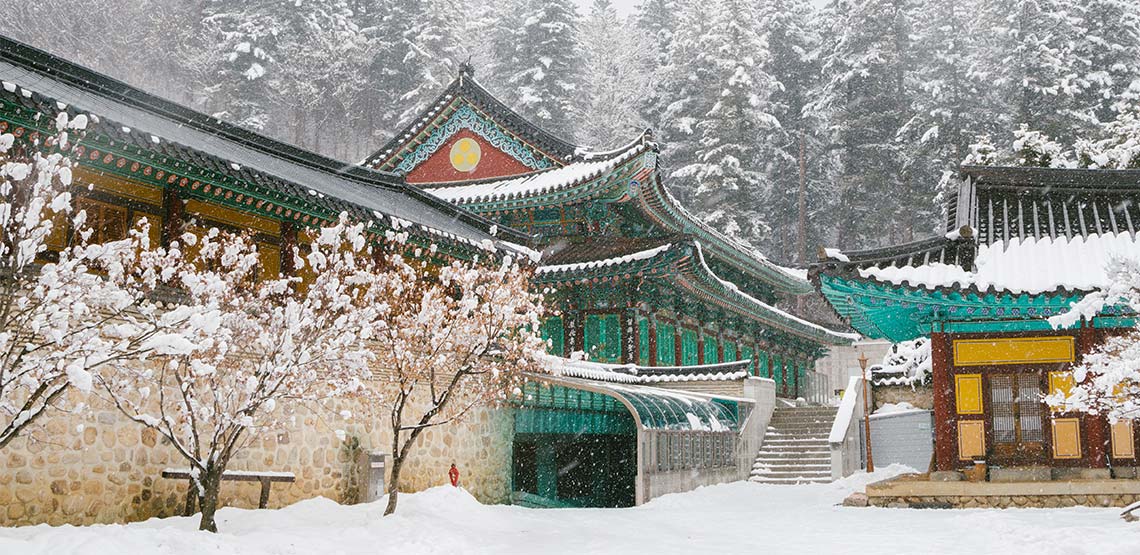 Odaesan Woljeongsa temple in the wintertime.