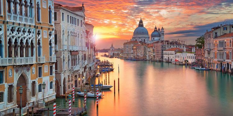 Canal in Venice at sunset.