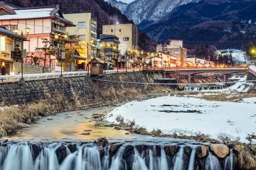 A view of a winter river in Nagano, Japan