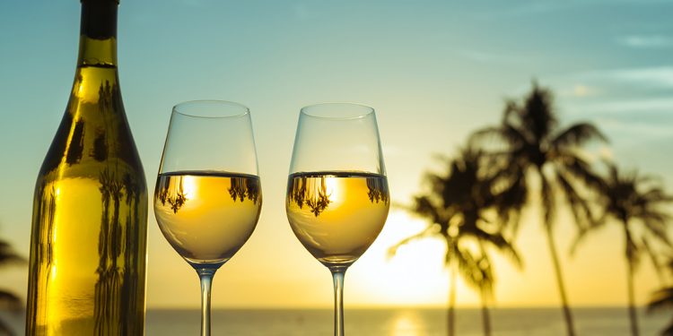 Bottle of wine and two glasses with ocean and palm trees in background