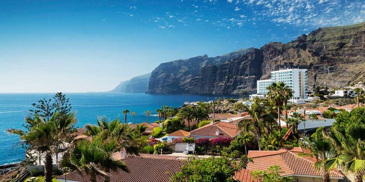 view of Los Gigantes cliffs from town of los Gigantes in Tenerife