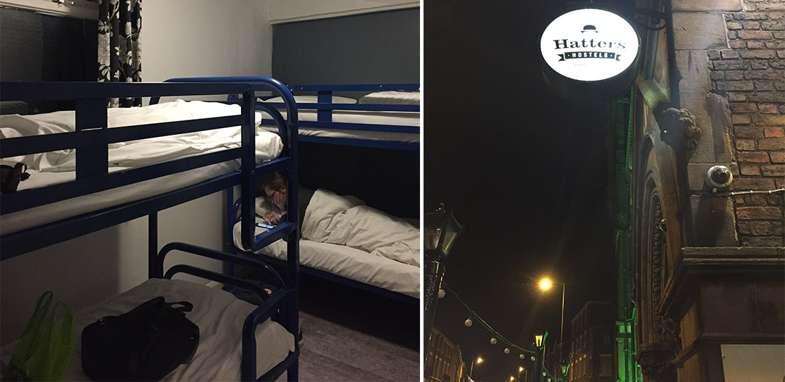 Left: inside hostel with bunkbeds. Right: Outside of hostel