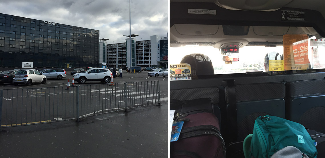 Left: parking lot in England. Right: Back of taxi