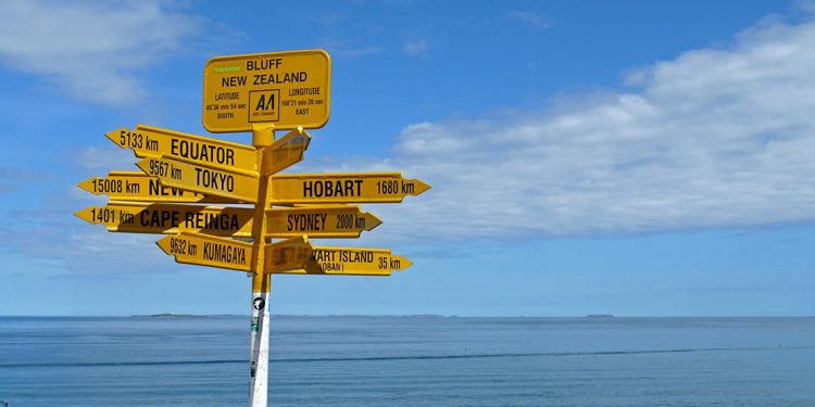 The yellow signpost at Stirling Point, Bluff