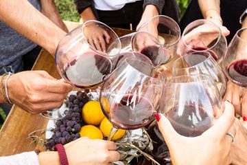 People holding wine glasses in circle.
