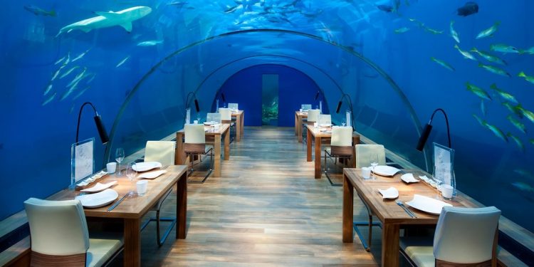 The underwater dining area at Ithaa Undersea Restaurant