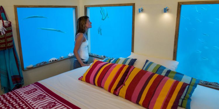 bedroom in the underwater suite at Manda Resort Pemba