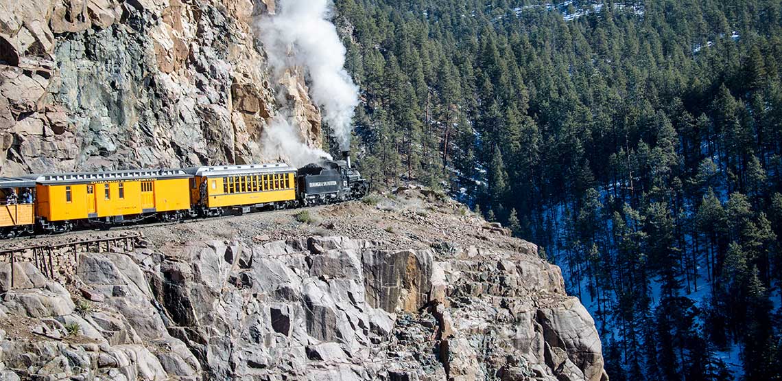 Durango and Silverton Narrow Gauge Railroad, train on a cliff face.