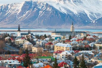 Overlooking Reykjavik with mountains in background