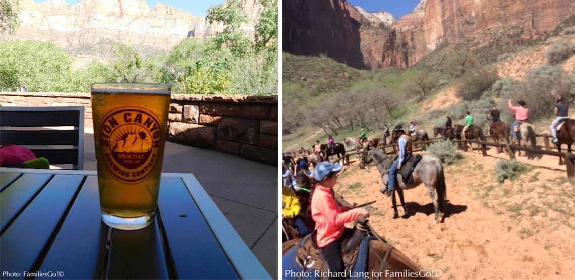 Left: glass of beer. Right: people horseback riding.