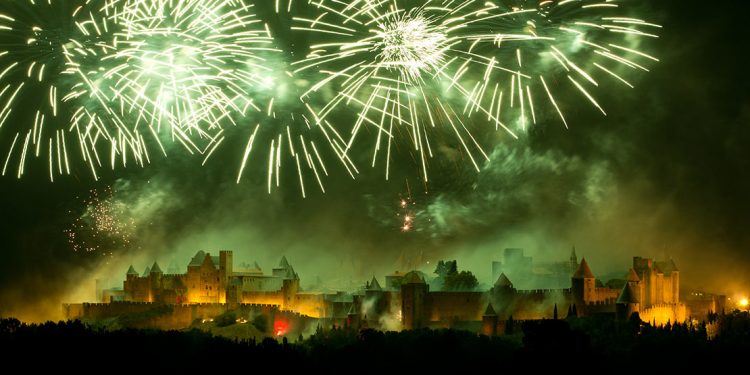 Green fireworks over medieval walls in Carcassonne