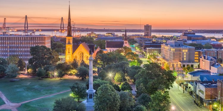 Charleston, South Carolina, USA skyline over Marion Square.