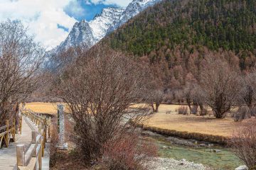 Wooden walkway along beautiful scenic mountain lake