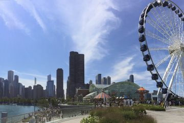 A view of Navy Pier in Chicago, Illinois, on a sunny day