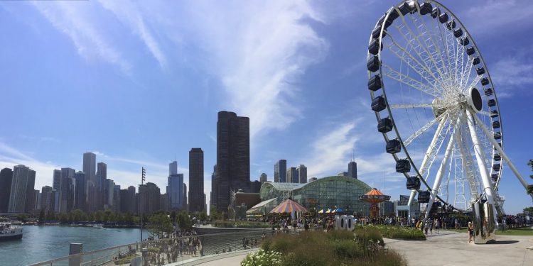 A view of Navy Pier in Chicago, Illinois, on a sunny day