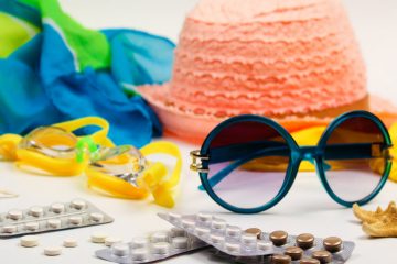 Sun glasses, pills, goggles, and other summer items