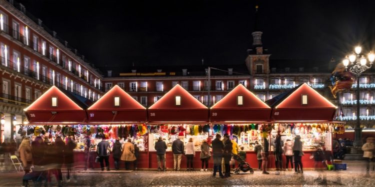 Christmas lights in the Plaza Mayor of the city of Madrid