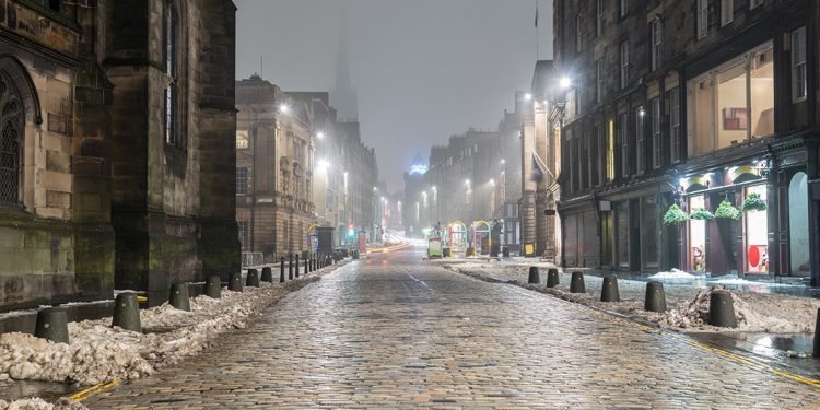 Foggy night on a street in Edinburgh