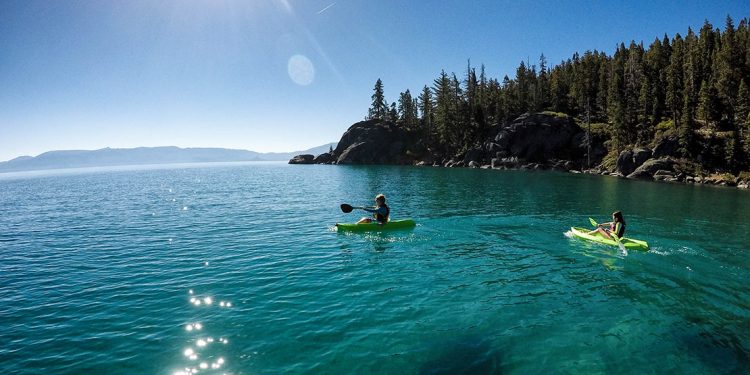 Two people kayaking in Lake Tahoe