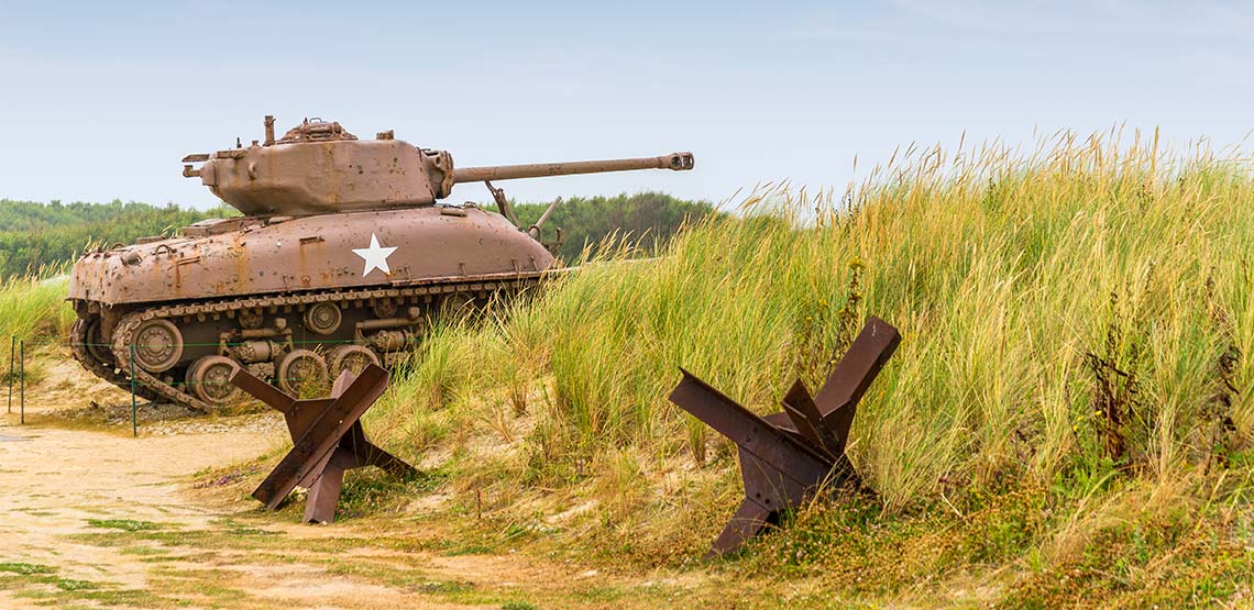 Tank sitting among long grasses of a beach.