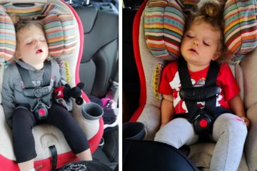 Two photos of little girl sleeping in car seat in backseat